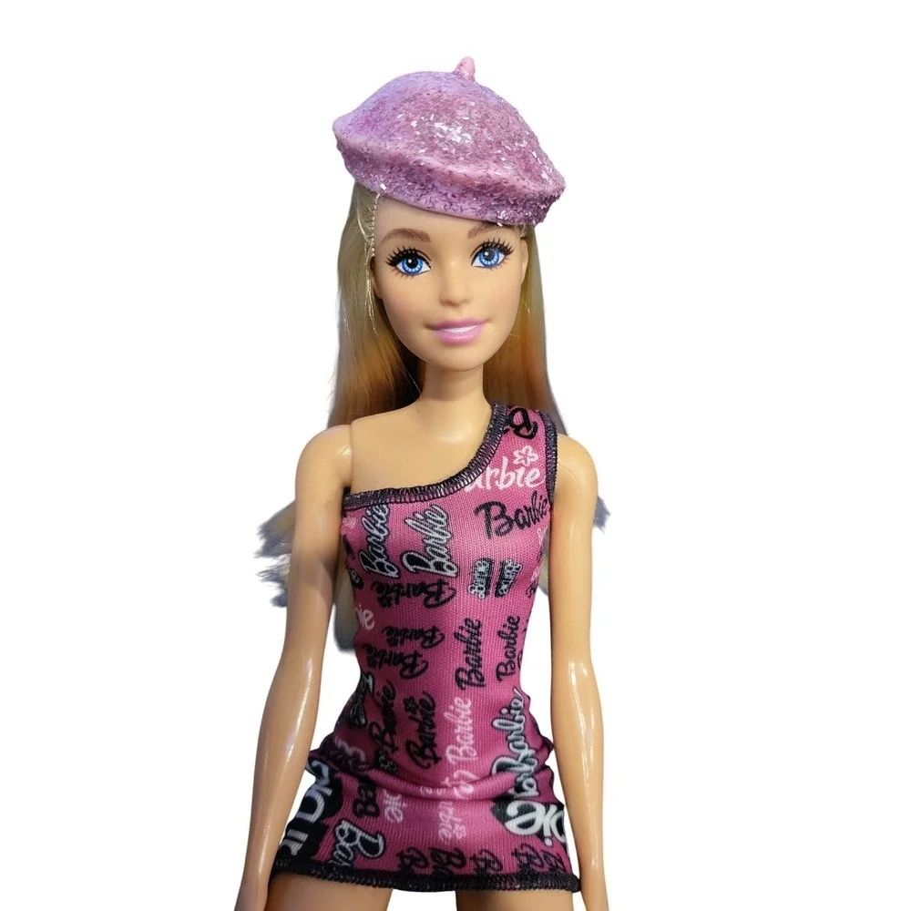Barbie Doll Pink Dress Beret Hat Blonde Hair Blue Eyes Fashion Toy